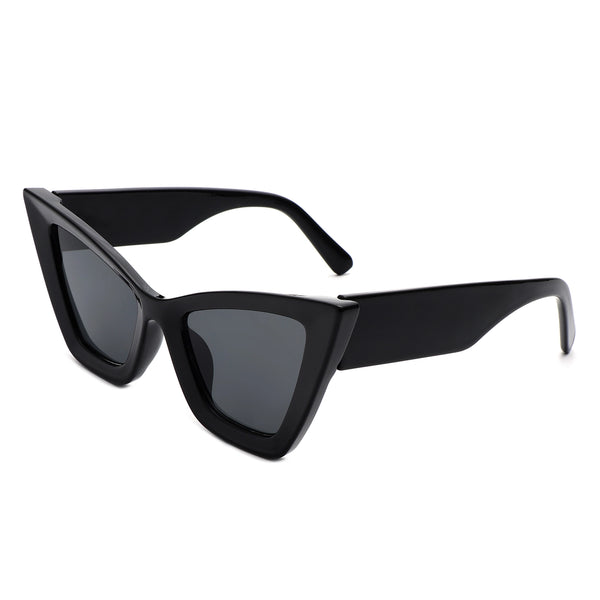 Oversized angular cat-eye thick plastic frame sunglasses in classic black with black smoke lens, shown 3/4 view