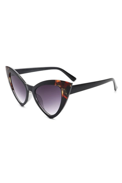 angular cat-eye plastic frame sunglasses in shiny black with tortoiseshell accent at the temple, and gradient smoke lens, shown 3/4 view