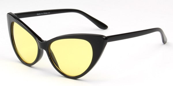 black plastic frame pointy cat-eye shaped sunglasses with bright yellow lens, shown 3/4 view