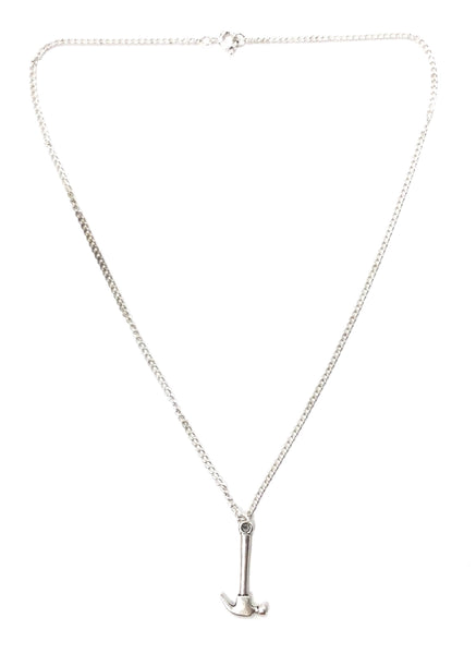 1" shiny silver metal hammer suspended on a 16" silver metal link chain necklace