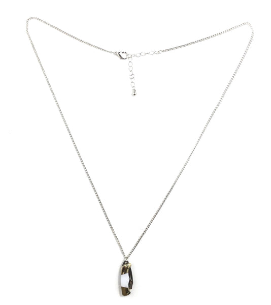 18" silver metal delicate oval link chain necklace with a teeny-tiny stainless steel and brass pocket knife pendant with white pearl handle