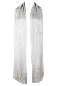 semi-sheer open weave shimmery silver lurex fringed scarf