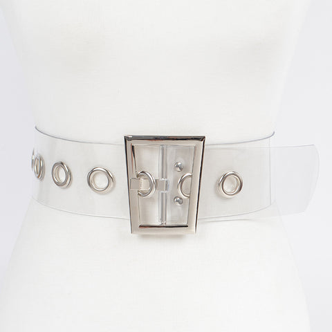 2 1/2” wide transparent PVC waist belt with oversized silver eyelets and silver metal buckle