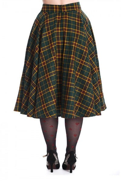 forest green, mustard, red, and black "Highland" plaid 50s style swing skirt, shown waist down back view on model