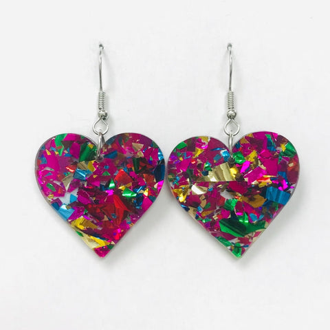 Chunky rainbow confetti glitter heart shaped dangle earrings 