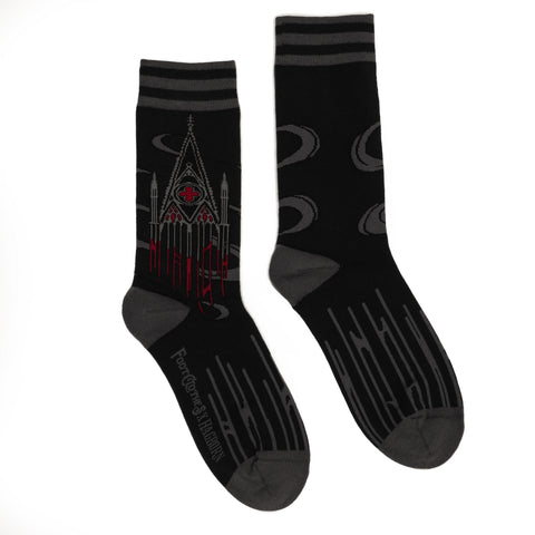 red, black, and grey soft stretch cotton blend crew socks featuring an image of a Gothic style cathedral dripping with red blood