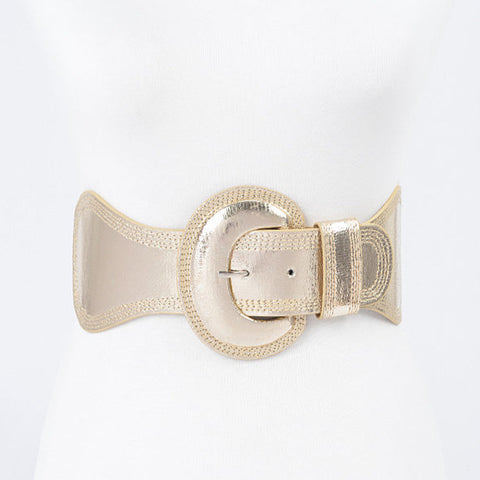 Shiny metallic gold elastic waist belt with self angled buckle. Shown from front 