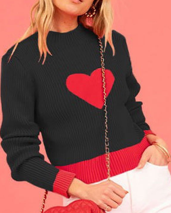 Black Red Heart Funnel Neck Sweater Naked City Clothing