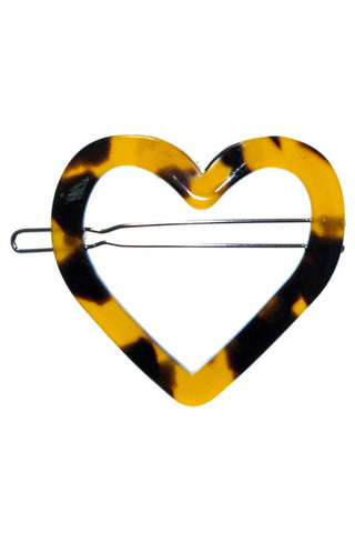 dark brown and caramel tortoiseshell pattern 1 5/8" heart-shaped plastic barrette with silver metal snap fastener