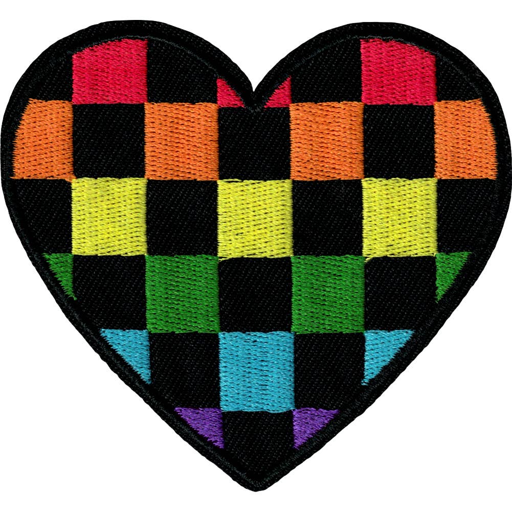 Rainbow and black checkered pattern heart patch