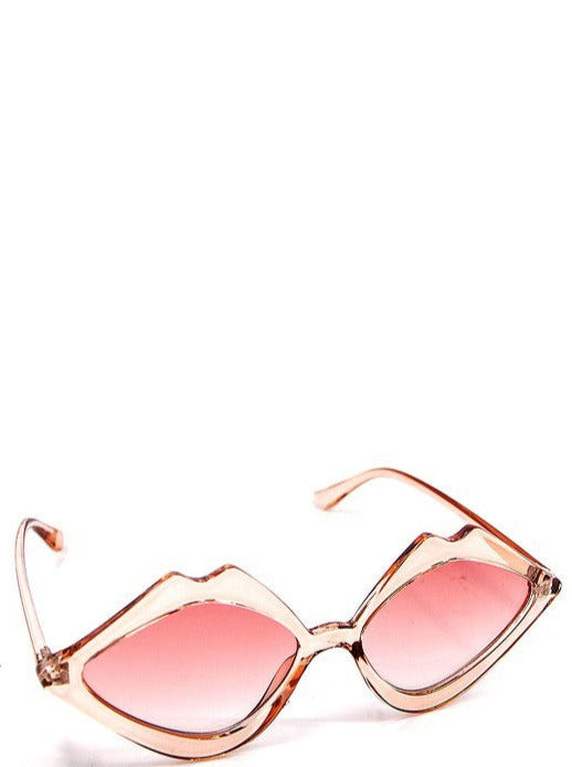 plastic frame sunglasses in the shape a pair of wide open shiny translucent beigey pink lips with gradient pink lens