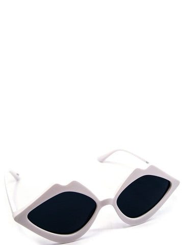 plastic frame sunglasses in the shape a pair of wide open shiny white lips with black smoke lens