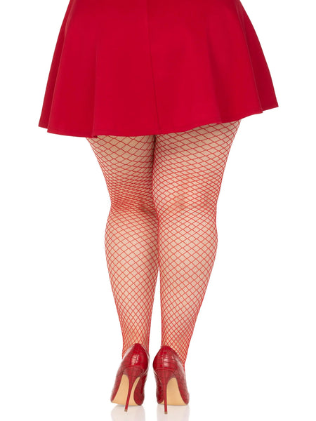 bold industrial fishnet pantyhose in red, shown on model 
