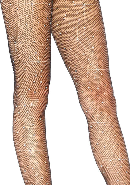black fishnets encrusted with sparkly iridescent rhinestone jewels, shown close up on a model