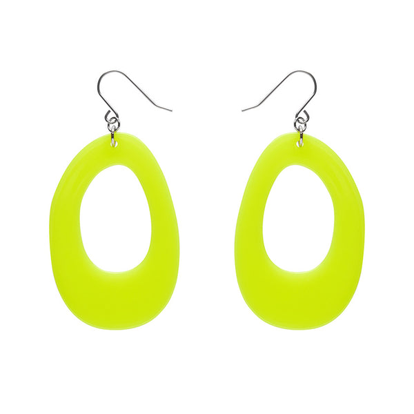 pair Essentials Collection drop irregular oval shaped hoop dangle earrings in bright neon yellow 100% Acrylic resin
