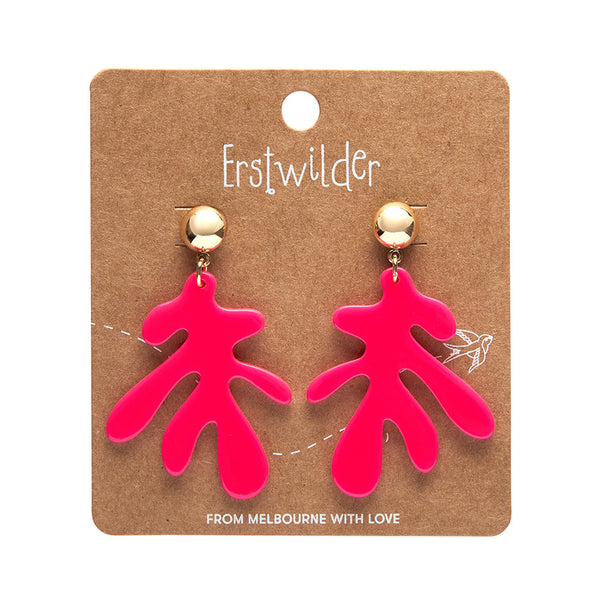pair neon pink 100% Acrylic resin stylized coral shape suspended from a shiny gold metal dome post drop earrings, shown on backer card packaging