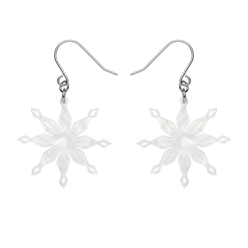 pair Essentials eight point snowflake shaped dangle earrings in bright white ripple texture 100% Acrylic resin