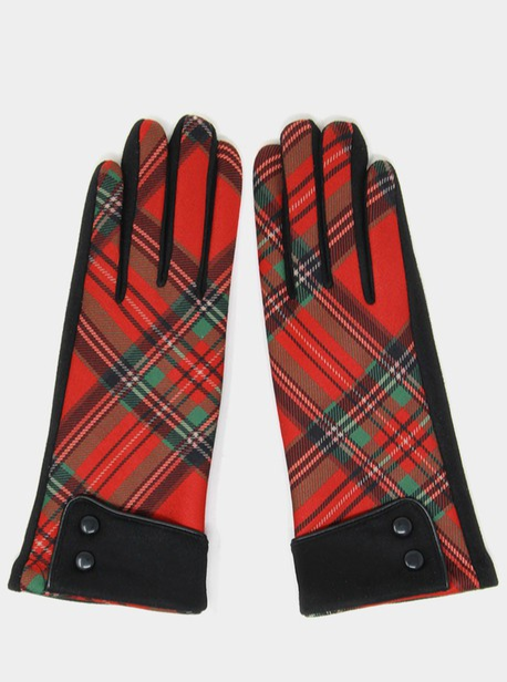 pair over the wrist length red, green, black, and white diagonal plaid thick flannel gloves with black knit reverse, super soft fleece lining, decorative black cuff with two buttons detail