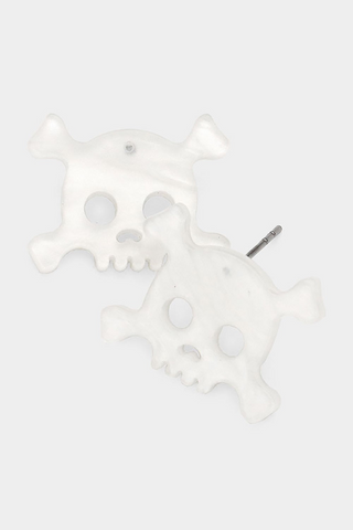 pair of stylized skull and crossbones post earrings in pearly off-white acrylic resin