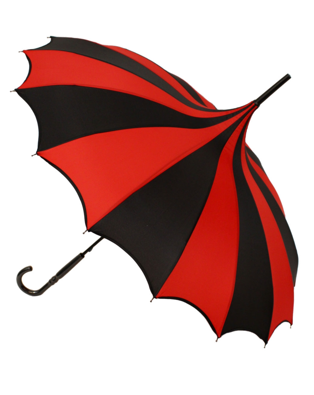 Black and red striped pagoda style umbrella with scalloped batwing style edging and J-shaped black handle 
