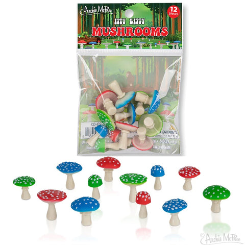 A bag of 12 teeny tiny red, green, and blue spotted soft vinyl mushrooms