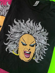 Black t-shirt screened with a 5-color portrait of Divine with her mouth open and eyes closed