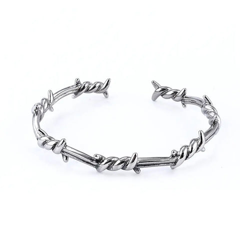 shiny silver stainless steel sturdy cuff style barbed wire bangle
