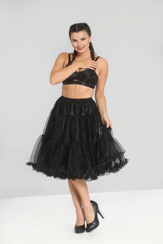 Model wearing a black crinoline with an elasticized waistband. Shown from the front