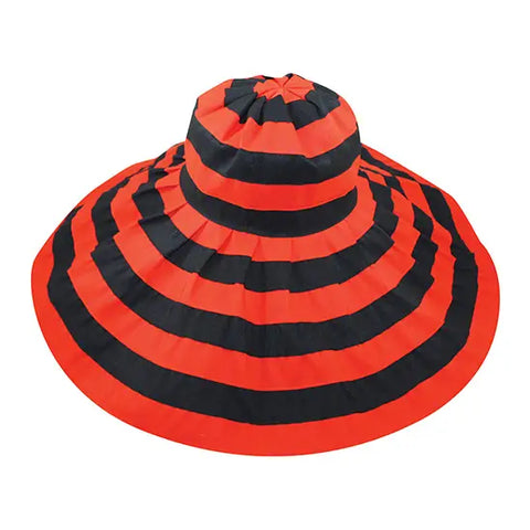 summer hat with sewn ribbon detail in alternating bright red and black stripes