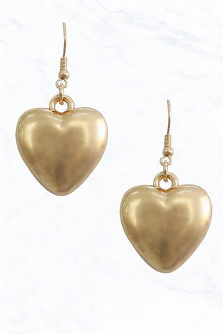 1" burnished gold metal puffy heart earrings on gold metal fishhook hardware