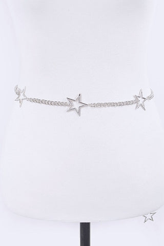 Adjustable belt of 1 1/2” x 1 1/2” shiny silver metal stars linked with a curb style of chain and sturdy lobster claw fastener