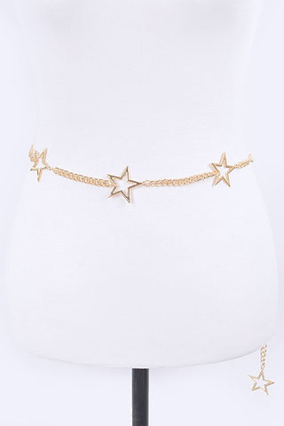 Adjustable belt of 1 1/2” x 1 1/2” shiny gold metal stars linked with a curb style chain and sturdy lobster claw fastener