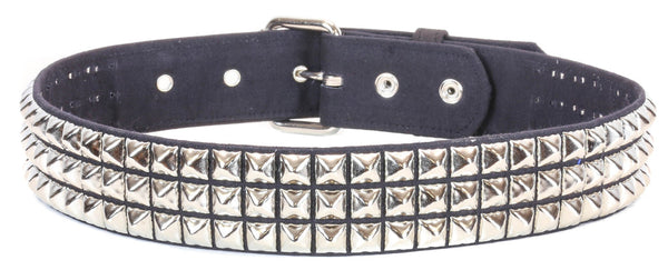 A canvas belt in classic black with 3 rows of 1/2" silver metal pyramid studs. Shown from back side