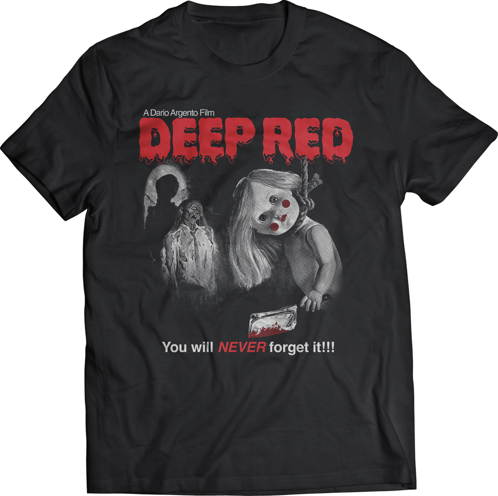 screenprinted unisex black t-shirt with poster art from Dario Argento's 1975 Italian horror film Deep Red