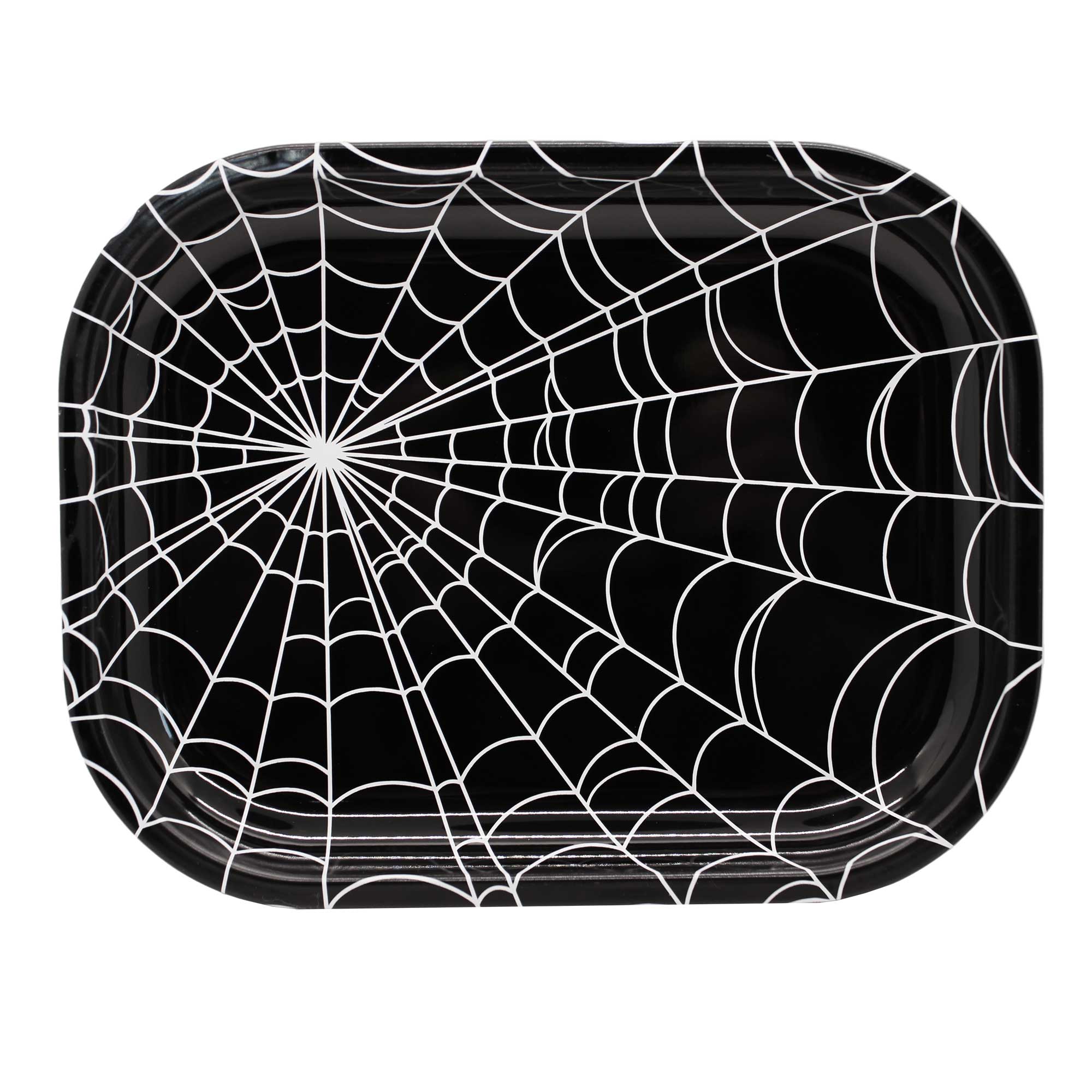 Rectangular tin tray with a wide lip. It has an all-over white spiderweb design on a black background. Shown from above