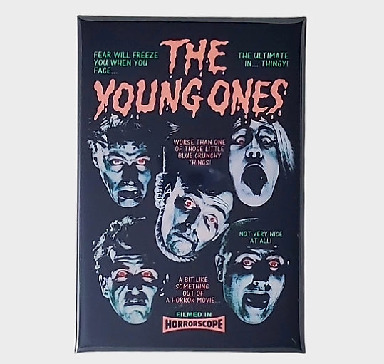 A vertical rectangular magnet featuring all four main characters from the television show The Young Ones in ghoulish makeup on a black background 