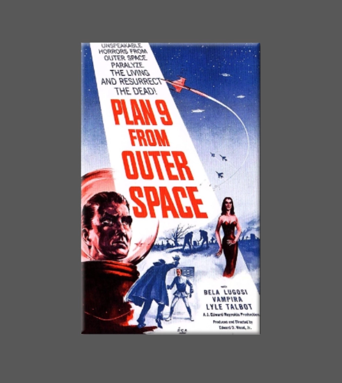 A vertical rectangular magnet featuring poster art from the 1959 movie Plan 9 From Outer Space