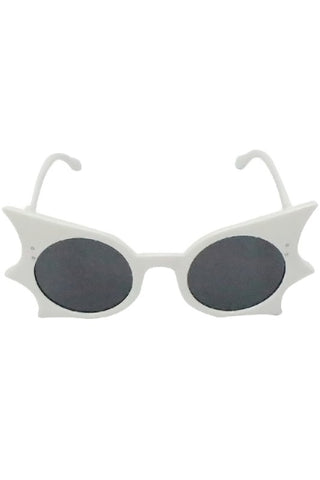 White cat eye sunglasses with a scalloped frame to resemble bat wings