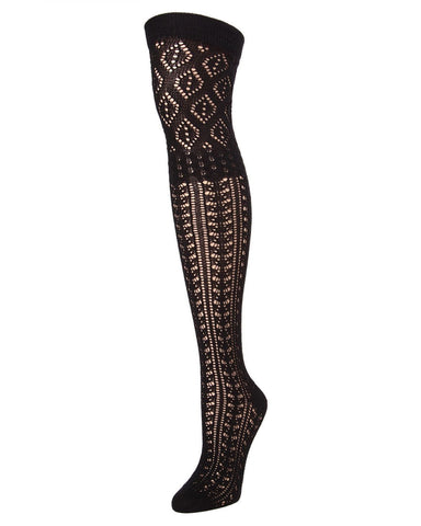 lightweight black cotton over-the-knee socks in an intricate openwork diamond and baroque pattern