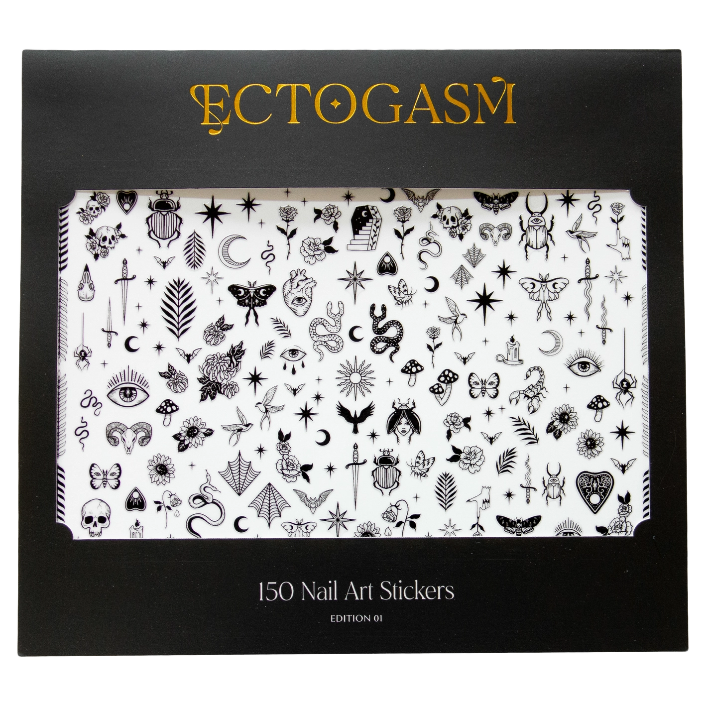 A package of nail decals by the brand Ectogasm in their black cardboard packaging