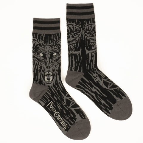  black and grey illustration of a demon with large matching pentagrams on soft black stretch cotton blend crew socks. Shown side by side to display images on both sides of sock