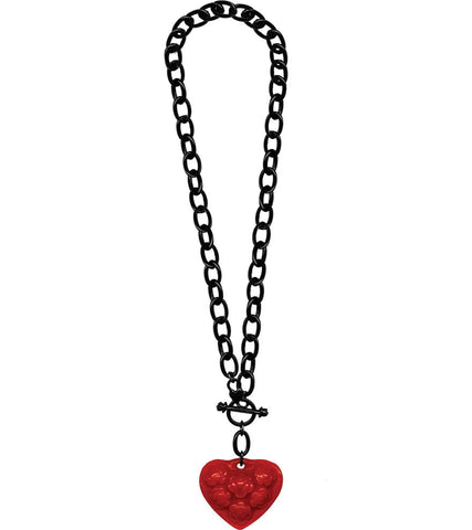 red floral patterned heart pendant- made of durable hand poured poly resin made to mimic vintage Bakelite-on a black plastic toggle style chain