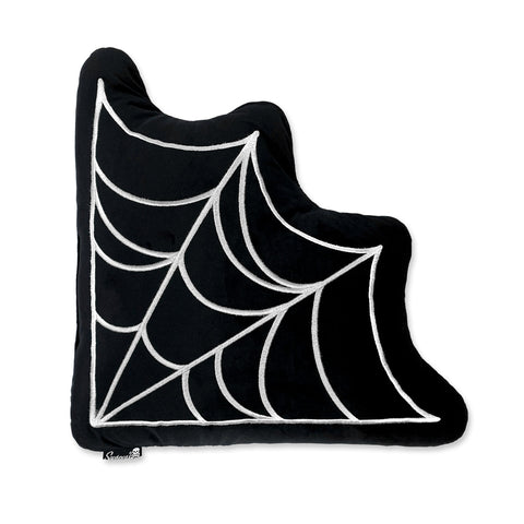 Plush black pillow with white embroidered web detail. Shown from front