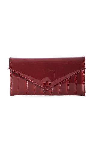 A pearlized burgundy vinyl wallet with red stitching. Shown closed from the front