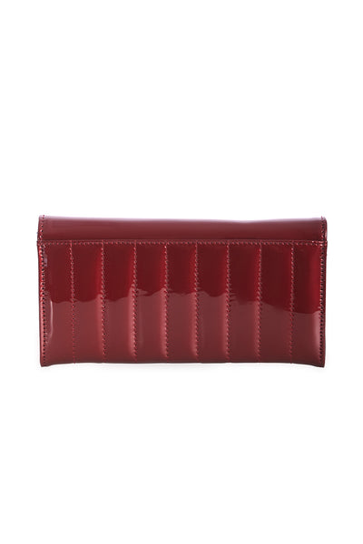 A pearlized burgundy vinyl wallet with red stitching. Shown closed from the back 