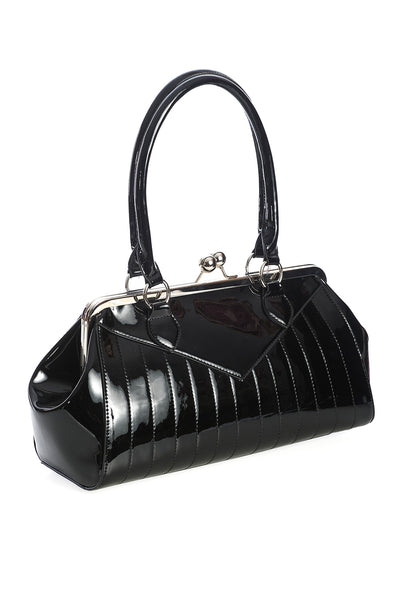 Black vinyl purse with silver kiss lock and matching vinyl shoulder strap. Shown from side