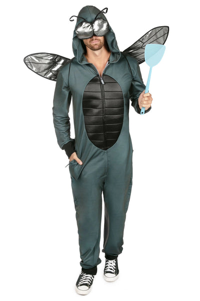 Male model wearing a polyester unisex fly costume jumpsuit. It is dark grey with a black thorax detail on the center of the stomach and has an oversized hood with silver lamé eyes and posable antennae. Shown with hood up and pulled over eyes, wearing posable silver lamé wings and holding blue plastic fly swatter. Shown from front