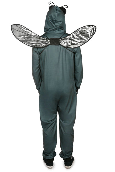 Male model wearing a polyester unisex fly costume jumpsuit. It is dark grey with a black thorax detail on the center of the stomach and has an oversized hood with silver lamé eyes and posable antennae. Shown with hood up, wearing posable silver lamé wings and holding blue plastic fly swatter. Shown from back