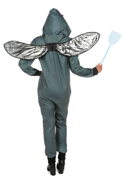 Female model wearing a polyester unisex fly costume jumpsuit. It is dark grey with a black thorax detail on the center of the stomach and has an oversized hood with silver lamé eyes and posable antennae. Shown with hood up, wearing posable silver lamé wings and holding blue plastic fly swatter. Shown from back