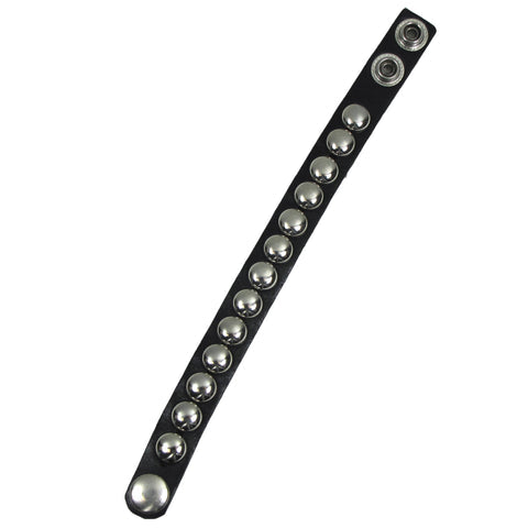 Black leather 3/4” wide adjustable studded cuff with a single row of 1/2" silver metal dome studs and double heavy duty silver metal snap closure. Shown open
